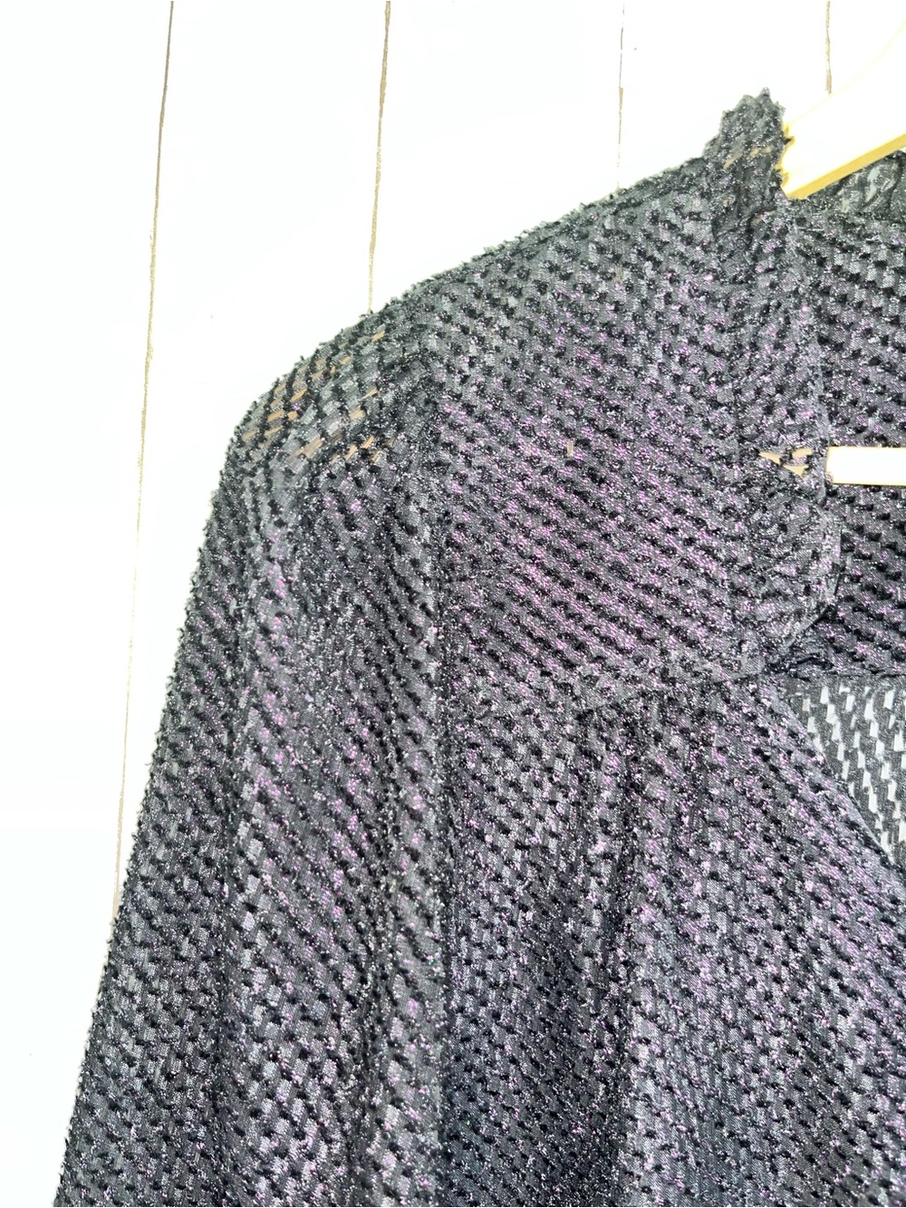 Current Air Black Textured Blouse Large Sheer Ruffle Neck Button Front Boho Top - Picture 2 of 6